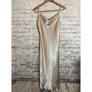 Bebe Slip Dress Womens Small Gold Satin Cowl Neck Midi Shimmer Sleeveless